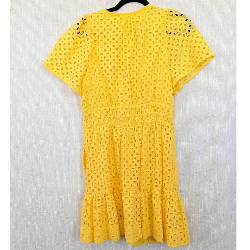 Anthropologie The Somerset Eyelet Mini Dress Womens L Yellow V-neck Short Sleeve